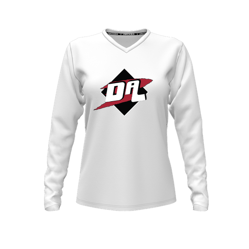 [CUS-DFW-TEES-CMF-VNK-LSL-WHT-FYXS-LOGO1] Comfort T-Shirt (Female Youth XS, White, V Neck, Logo 1, Long Sleeve)