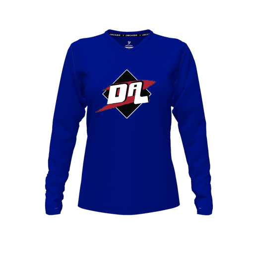 [CUS-DFW-TEES-PER-VNK-LSL-RYL-FYXS-LOGO1] Performance T-Shirt (Female Youth XS, Royal, V Neck, Logo 1, Long Sleeve)